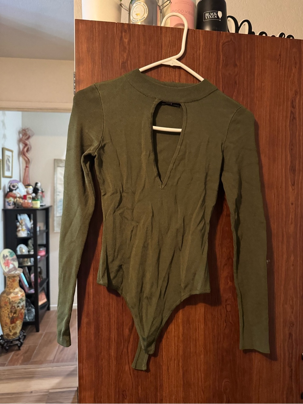 Hot Miami Styles Olive Green Long Sleeve Keyholeq Bodysuit